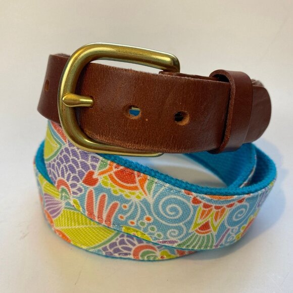 Colorful Eliza B. Leather & Fabric Belt With Brass Buckle Fits 37 - 39" - Picture 2 of 7
